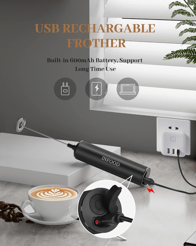 INFOOD Milk Frother Rechargeable with Cover - Coffee Frother Wand, Drink Mixer Handheld with 2 Detachable Stainless Whisks 2 Speed Adjustable for Latte, Cappuccino, Hot Chocolate, Egg, Black - Image 2